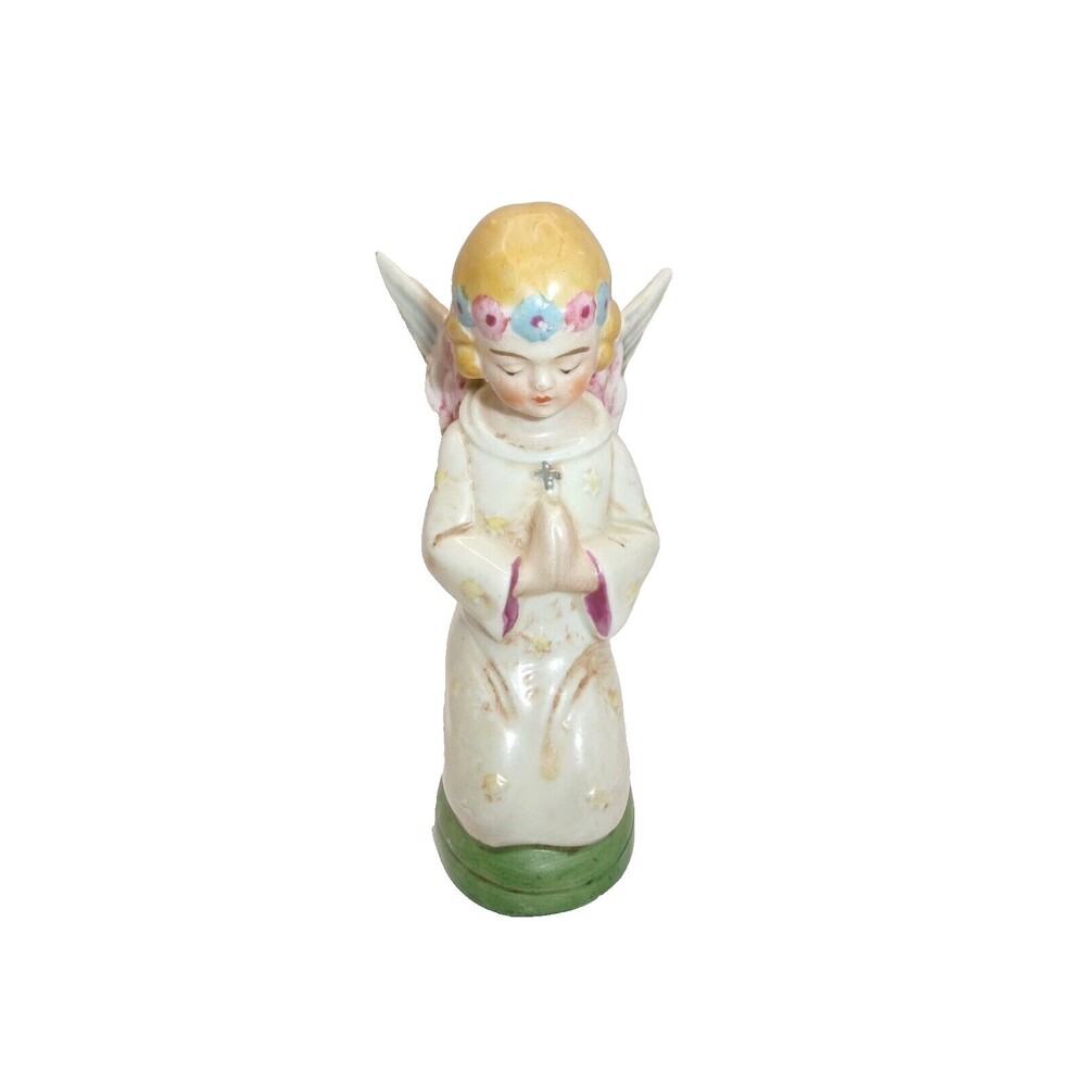 Vintage Praying Angel Figurine Ceramic Signed ER 19596? Flower Garland Headband